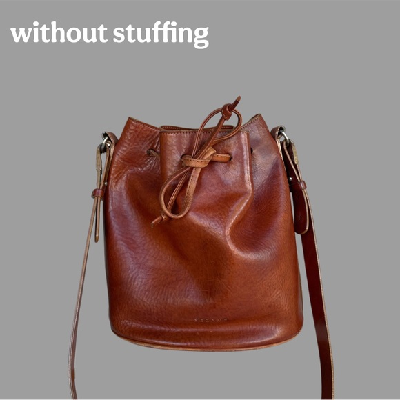 SEZANE Cognac Rich Brown Glossy Leather Crossbody Bucket Bag Farrow Shoulder Bag - Picture 9 of 17